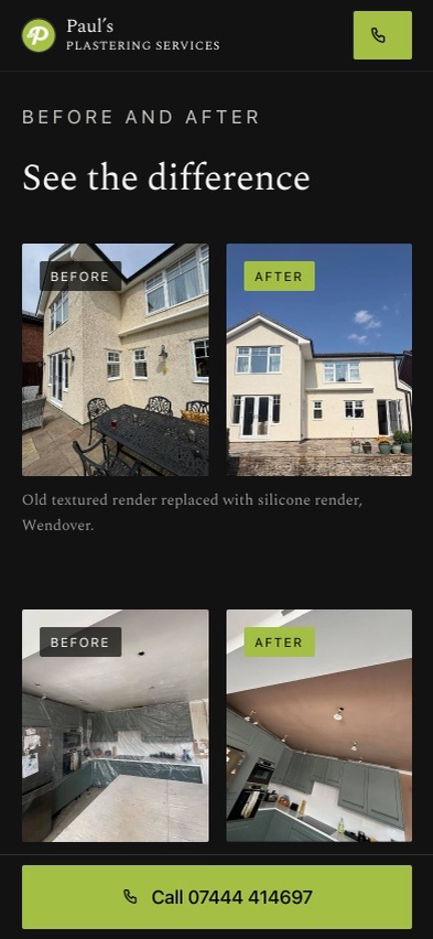 Two before and after pairs on a phone: a house re-rendered in Wendover and a kitchen ceiling