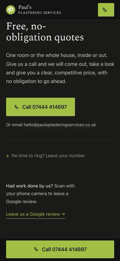 The contact section on a phone: a call button, an email address and a link to leave a Google review