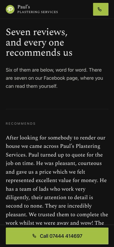 The reviews section on a phone, headed Seven reviews, and every one recommends us