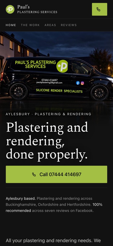 The front page of Paul&rsquo;s Plastering Services on a phone